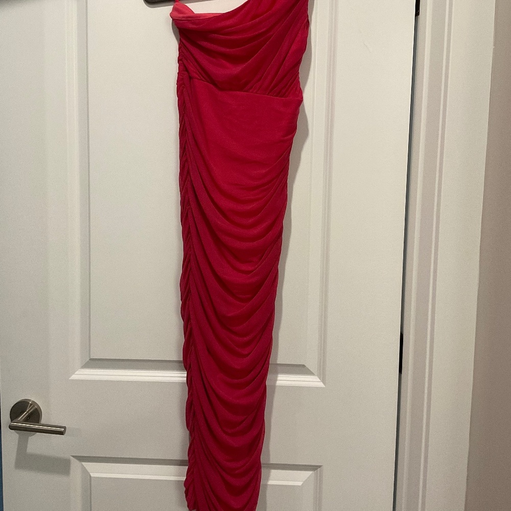 Fuchsia mesh cinched midi dress, one shoulder